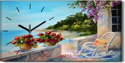 Produktbild von Dekor Leinwand Uhr Wandbilder 60x30 Ölgemälde Küste Blumen Meer Himmel Kunst - schwarze Hände