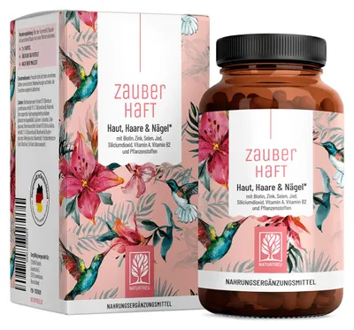 Produktbild von Beauty Komplex für Haut, Haare und Nägel mit Biotin, Selen, Jod, Zink, Vitamin A, B2 & Siliciumdioxid - ZAUBERHAFT - 120 vegane Kapseln - NATURTREU®