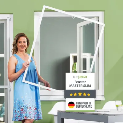 Produktbild von empasa Insektenschutz Fliegengitter Fenster Alurahmen individuell zuschneidbar Master Slim weiß, braun oder anthrazit in verschiedenen Größen, Farbe:weiß, Größe:130 x 150