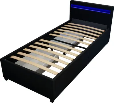 A black upholstered bed frame with wooden slats and blue LED lighting in the headboard, shown from a diagonal angle against a white background.