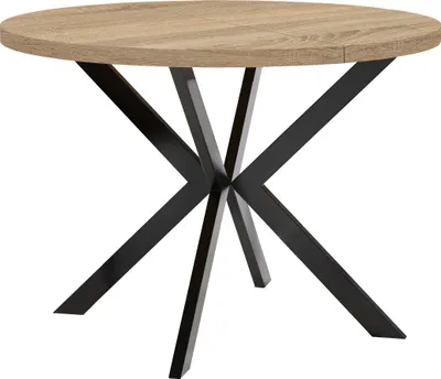 A round dining table with a wooden top and black metal legs.