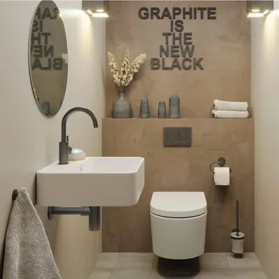 Zdjęcie produktu dla Zestaw do łazienki gościnnej Lenz PERFECT FIT, 8-elementowy, grafitowy – zawiera: toaletę podtynkowa z deską sedesową z automatycznym opuszczaniem, umywalkę, baterię, syfon oraz zestaw akcesoriów łazienkowych