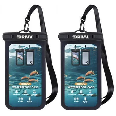 Produktbild von Drivv. Wasserdichte Handyhülle - 2er Set - Doppel-Clip-Verschluss - Bis 6,7 Zoll - Unterwasser-Handyhülle - Schwarz