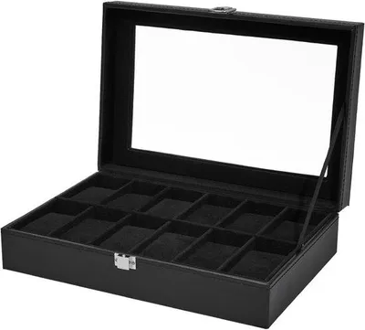 Produktbild von Famanu Uhrenbox 12 Fächer - Uhrenhalter mit Glastür - Kunstleder und samtiger Innenausstattung - schwarz