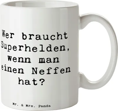 Produktbild von Mr. & Mrs. Panda Becher Spruch Neffe Held - Weiß - Geschenk, Weihnachten, Pott, Verwandte, Kaffeetasse, Familienbande, cappuccinotasse, Teetasse, Kaffeebecher, Familie