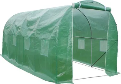 A green greenhouse tent with a metal frame, shown from the side with the entrance open.