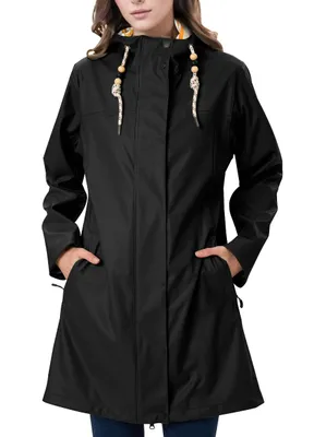 Produktbild von ATLASLAVA Regenmantel Damen Übergangsjacke PolyurethanWasserdicht Frauen Regenjacke Lang Parka Regenparka mit Kapuze Outdoor, M, Schwarz