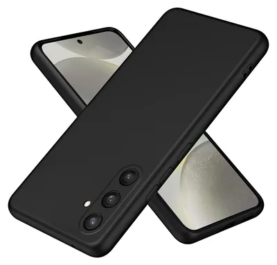 Two black smartphone cases are shown diagonally against a white background. One case is in the foreground, and the other is partially visible behind it.