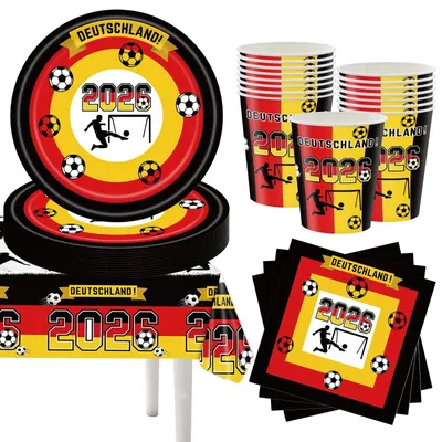 Immagine prodotto di Set di stoviglie da calcio da 53 pezzi, ideale per feste, decorato con la bandiera tedesca