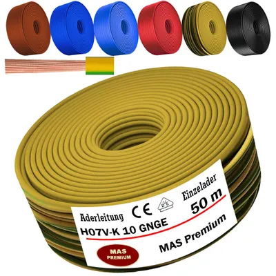 Image de Câble d'alimentation de 50 mètres, type H07 V-K, couleur vert-jaune, section 1x10 mm², monoconducteur, flexible