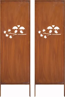 Two identical metal garden screens with a rust-like finish, each featuring a white silhouette of two birds on a branch under umbrellas.