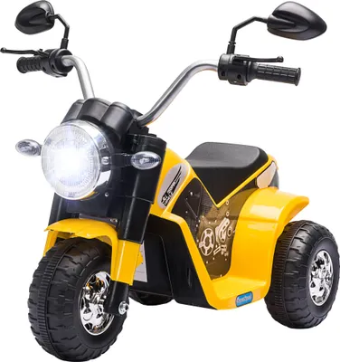 Image de HOMCOM Moto électrique Enfant Chopper Tout-Terrain 6 V 20 W Marche AV AR 3 Roues Effets Lumineux et sonores Jaune Noir