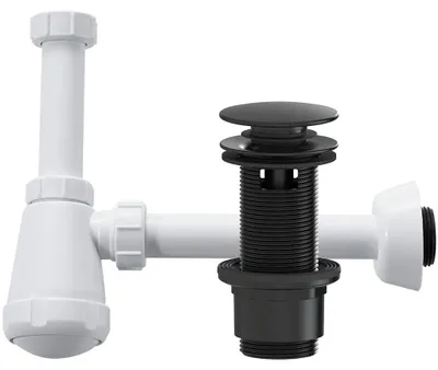 Produktbild von CERANO - Siphon für Waschbecken - DN32-50/250 mm - Weiß, glänzend, mit Abflussventil "Click-Clack" und Überlauf - Kunststoff - 67/82 mm - Schwarz, matt
