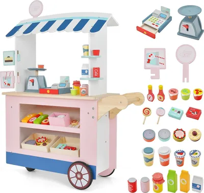 Produktbild von GOPLUS Kinder Kaufladen, Eiswagen mit Baldachin, Werbeschild, Kassenautomat & Lebensmittelspielzeug, Kaufmannsladen mit 3 Rädern & 30 TLG. Zubehör für Rollenspiele