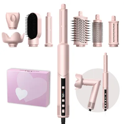Produktbild von UKLISS 8-in-1-Haarstyler, 1400 W, 110.000 U/min, mit Diffusor, Rundbürste, Luftlockenstab, Glättbürste, Rosa