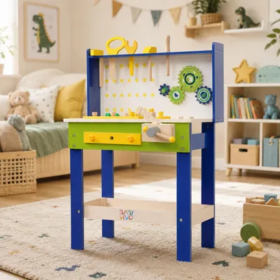 Produktbild von Baby Vivo Spielwerkbank / Werkbank für Kinder aus Holz - Luigi mit drehbaren Zahnrädern und 29 Teilen Zubehör