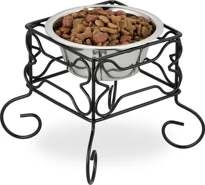 Produktbild von Relaxdays Hundenapf, erhöhter Napfständer, 700 ml Volumen, HxBxT: 19 x 22 x 22 cm, Eisen & Edelstahl, schwarz/silber