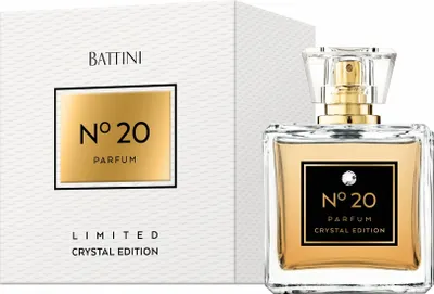 A perfume bottle and its packaging are displayed side-by-side on a white background.