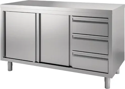 Produktbild von Gastro M Arbeitsschrank 1400x700x880mm mit 3 Schubladen und 2 Schiebetüren