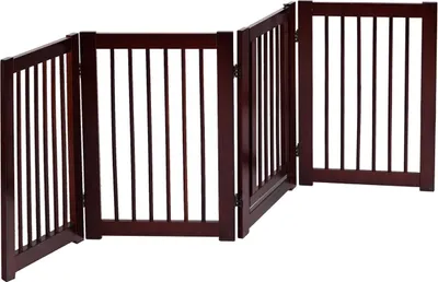 A dark brown wooden pet gate with multiple panels.