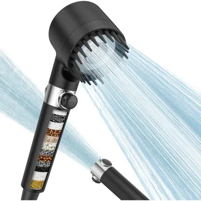 Produktbild von Hochdruck-Duschkopf mit Filter, 1,5m Schlauch, 4 Sprühmodi, 15 Filtrationsstufen, Schwarz