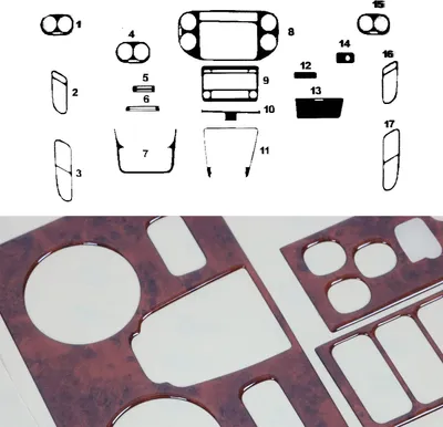 Produktbild von Innenraum Dekor Cockpit für VW Tiguan 2007-2011 Wurzelholz Optik 17tlg