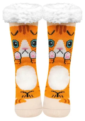 Produktbild von Stoppersocken Damen dick mit Anti Rutsch Sohle, Haussocken warm flauschig mit Innenfrottee, Größe 36-41, Orangefarbene Katze