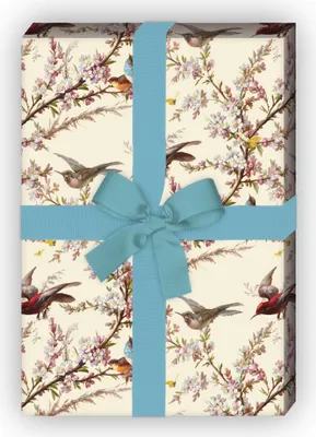 Produktbild von Frühlings Geschenkpapier mit Blüten und Vögeln auf beige - G7722, 32 x 48cm