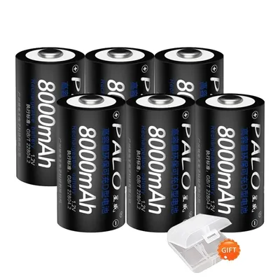 Immagine prodotto di Batterie ricaricabili di tipo D, capacità 8000 mAh, caricabatterie con display LCD, 6 batterie