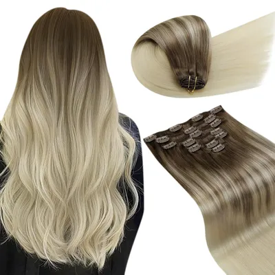 Image de Extensions à clipser, cheveux naturels, 120g, effet ombré brun avec mèches blondes, qualité Remy, 7 pièces, 40 cm