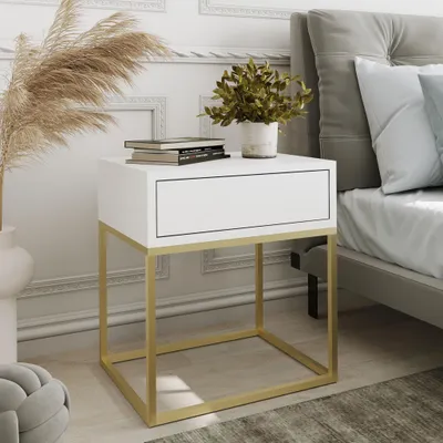 Produktbild von AX LIVING Nachttisch Kommode Aleio Weiß, goldenes Metallgestell 45 cm