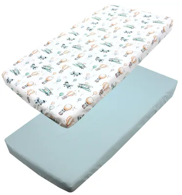 Produktbild von TupTam Baby Spannbettlaken Kinder Spannbetttuch für Babybett Kinderbett 2er Pack, Farbe: Füchse im Flugzeug / Grün, Größe: 90 x 200 cm