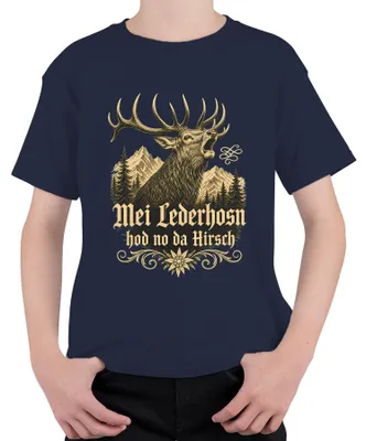 Produktbild von Mei Lederhosn hod no da Hirsch Bayern Lederhose Alpen Kinder T-Shirt, Navy, 116