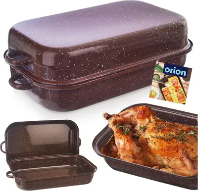 A collage of images showing a brown speckled roasting pan with a lid, an open roasting pan, and a roasted chicken in a roasting pan.