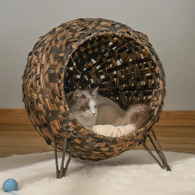 Image de Maison pour chat en rotin PE avec coussin, niche surélevée pour chat, tressage naturel, marron | Ø 52 x 58 cm | jusqu'à 10 kg | structure en fil métallique
