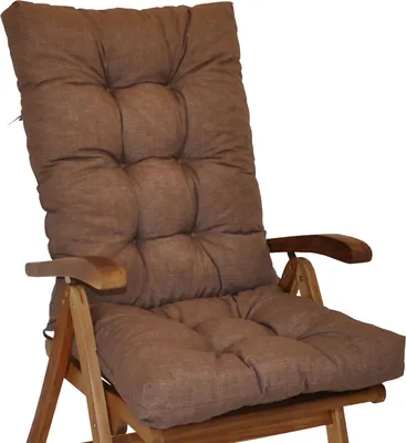 A brown chair cushion on a wooden chair.