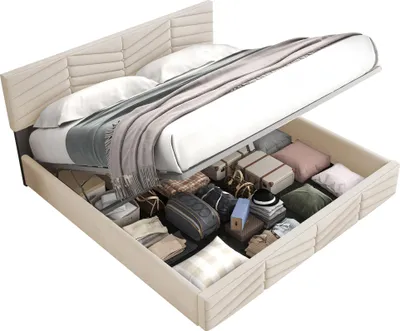 Produktbild von okwish Polsterbett 180×200cm Stauraumbett Doppelbett mit verstellbares Kopfteil，hydraulisches Kontinentalbett，Streifenstil，Samt，Beige,Ohne Matratze