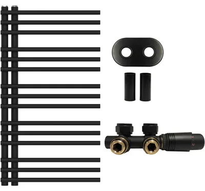Image de Ensemble radiateur de salle de bain Burke - chauffage central - raccordement asymétrique de 50 mm - 348W - finition noire mate - 900x500 mm