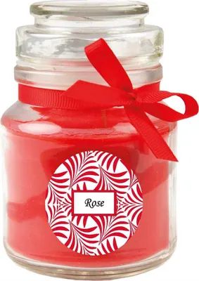 Immagine prodotto di Candela profumata con scritta "Rose" in un barattolo di caramelle, 120 g di cera - durata di combustione circa 30 ore, candela in barattolo in confezione regalo