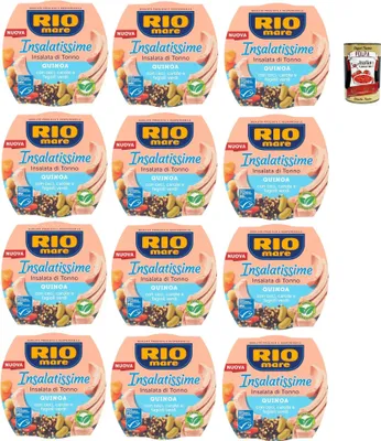 Produktbild von Rio Mare Insalatissime di tonno Gusto Quinoa, Tuna Salad, Thunfischsalat mit Quinoa, Kichererbsen, Karotten und grünen Bohnen 12x 220 g + Italian Gourmet polpa 400g