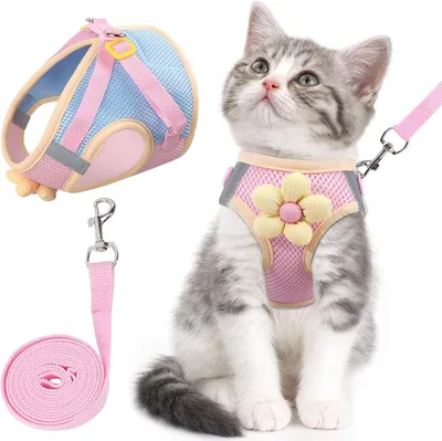 Produktbild von Hundegeschirr Größe M mit Leine für Kleine Hunde Atmungsaktiv Mesh Reflektierend Blumenmuster
