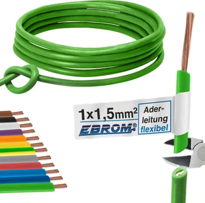Produktbild von Aderleitung Verdrahtungsleitung - Einzelader flexibel 1,5 mm2 - PVC Leitung - H07V-K 1,5 mm² - Farbe: grün - viele Längen in 5 Meter-Schritten lieferbar, Ihre Länge: nach Auswahl