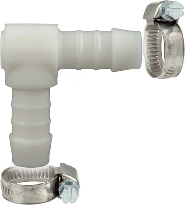 Produktbild von tecuro Schlauchverbinder 90° Winkel Ø 10 mm, mit Edelstahlschlauchschellen - Nylon weiß