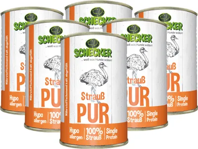 Produktbild von 6 x 410 g - Schecker Strauß PUR - Nassfutter beste Qualität - getreidefrei - glutenfrei