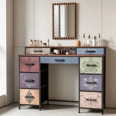 Immagine prodotto di Comò da trucco vintage con motivi floreali, ideale per la camera da letto, con 9 cassetti e 2 ripiani aperti. Comò colorato in stile vintage per la camera da letto