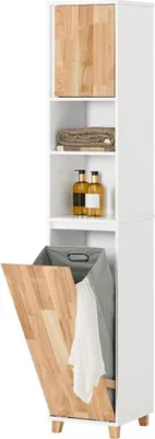 Obrázek produktu pro SoBuy Koupelnová skříňka s výklopným košem na prádlo - Sloupová skříňka do koupelny - Stojící skříňka s koši na prádlo