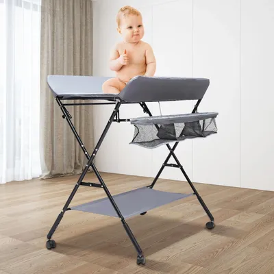 Image de Table à langer pour bébé - Table à langer pliable - Avec roulettes - Panier de rangement - Capacité de charge 25 kg - Fer et tissu Oxford - Noir