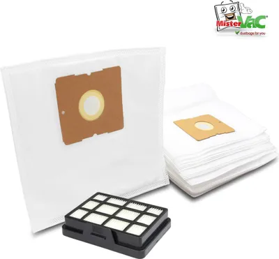 A product shot of vacuum cleaner bags and a filter, with a logo in the top right corner.