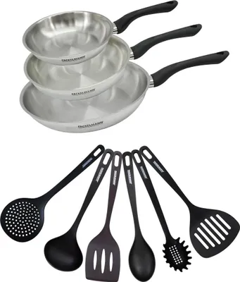 Image de Set 3 poêles 20 24 et 28 cm en inox et 6 ustensiles Fackelmann Geneva
