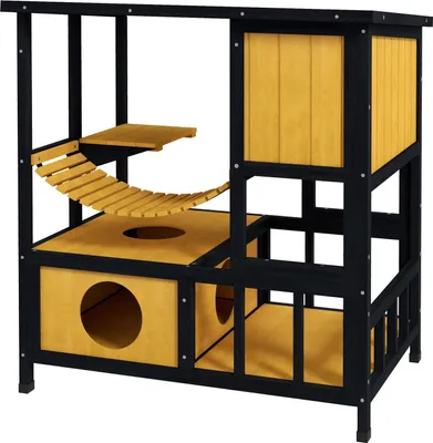 Productafbeelding van Houten kattenhuis, kattenhol, kattenvilla, geschikt voor buiten, met hangbrug, balkon en platform, waterdicht, voor 1-2 katten tot 5 kg, kleur: geel